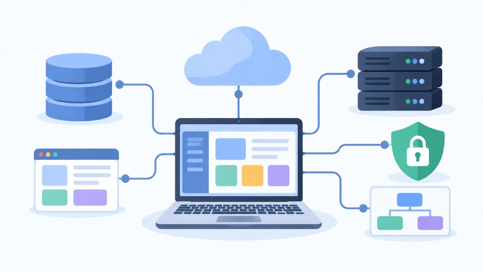 Minimal software architecture illustration with laptop, database, cloud, server, and security components.