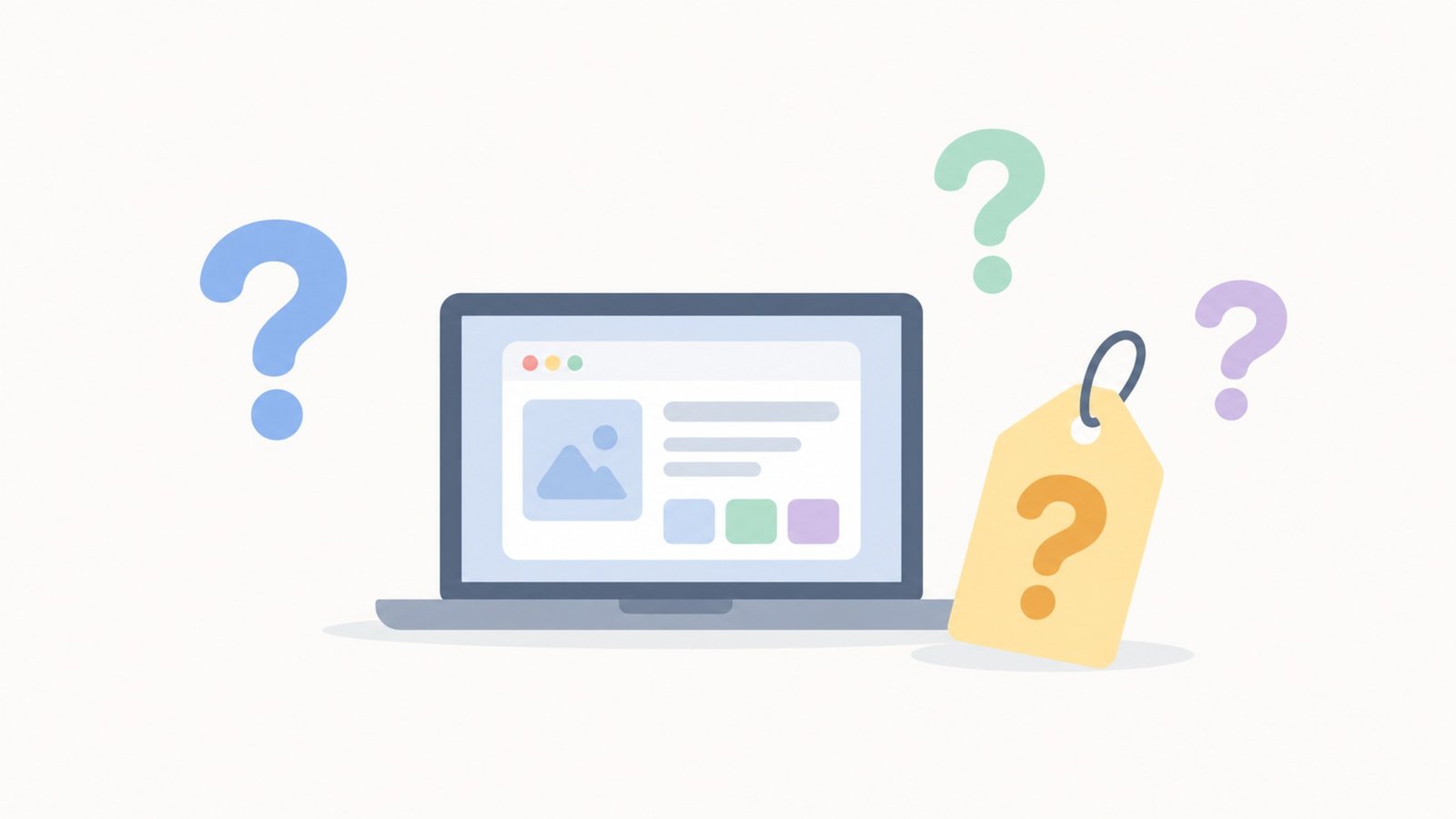 Flat illustration showing uncertainty around software pricing and product verification