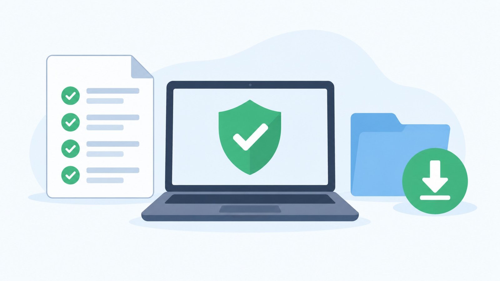 Flat illustration of checking software licensing, source authenticity, and safe purchase details